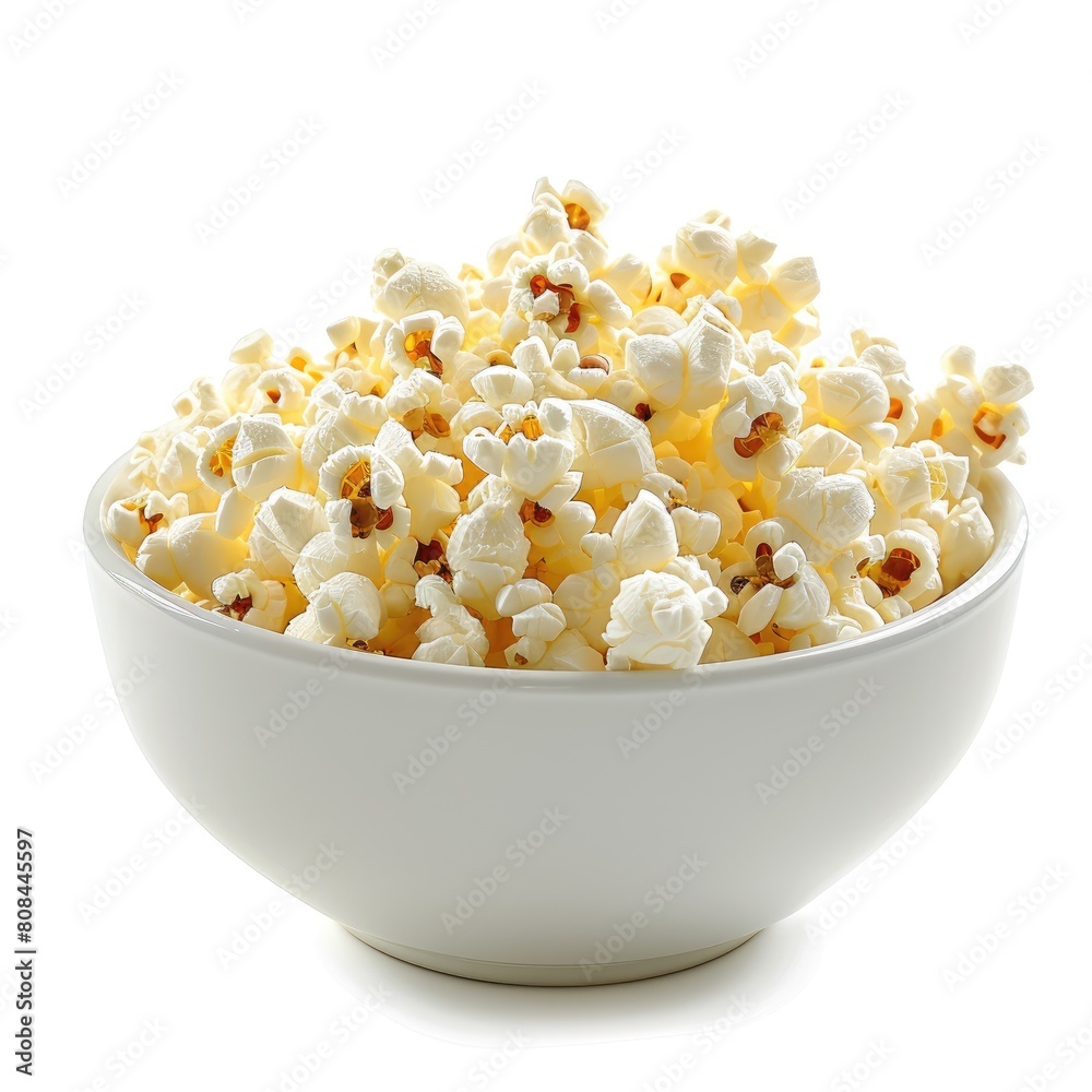 Bowl of freshly popped popcorn, white background, Ai Generated Bowl of freshly popped popcorn, white background, Ai Generated