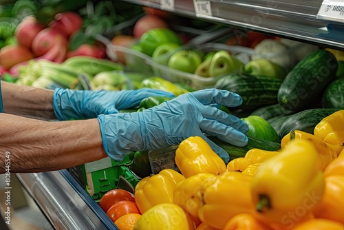 A grocery store employee in a blue uniform carefully selects fresh oranges while wearing protective gloves, highlighting hygiene and food safety. photo