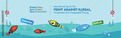 International Day for the Fight Against Illegal, Unreported and Unregulated Fishing Vector Illustration cover banner. Fishes gather near the hook. Under the sea view different colourful fishes. photo