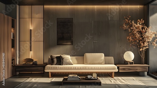 Contemporary Japanese living room showing a sophisticated mid-century sofa near a sleek wooden cabinet, highlighted by soft lighting on a dark wall. photo