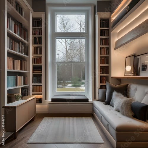 A cozy reading nook with a built-in bookcase  window seat  and task lighting5
