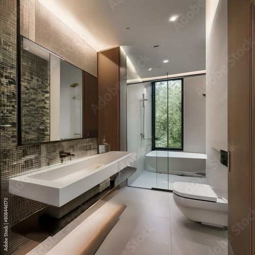 A modern bathroom with a floating vanity  glass-enclosed shower  and mosaic tile2