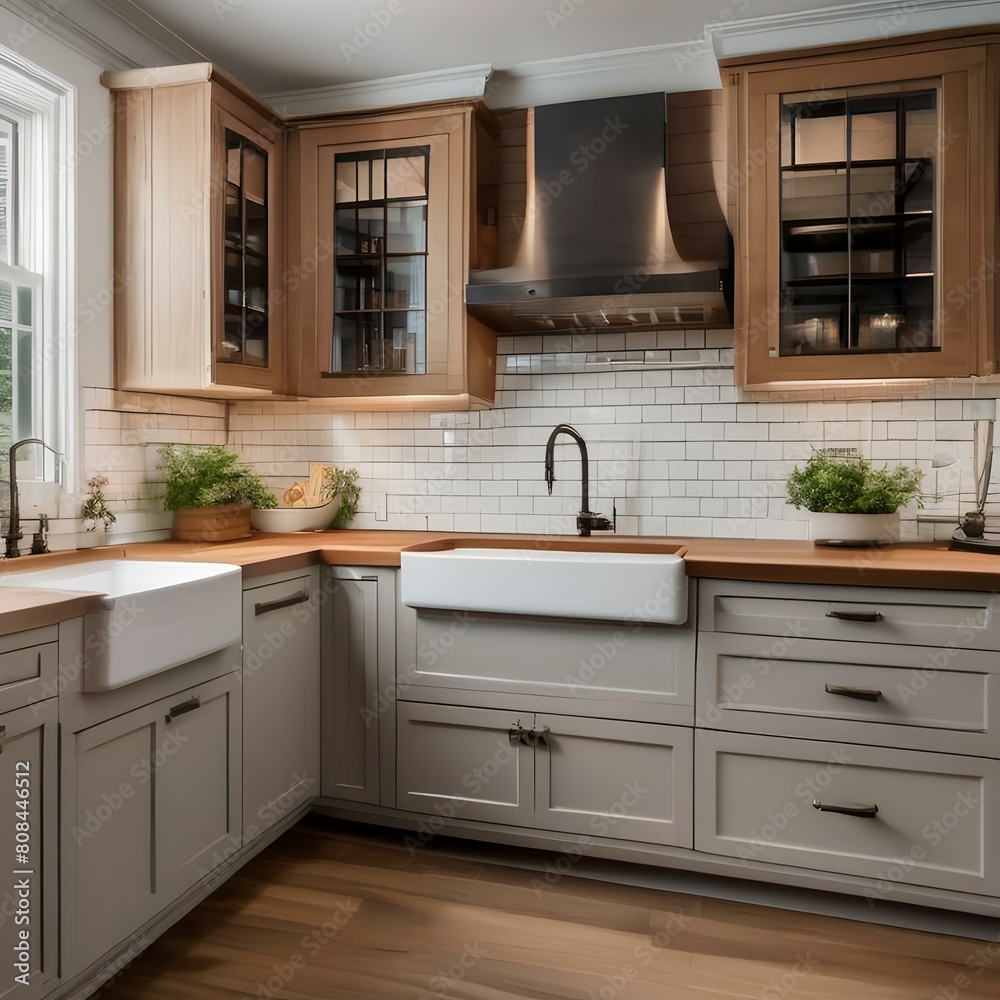 A spacious kitchen with a farmhouse sink, butcher block countertops, and open shelving4 A spacious kitchen with a farmhouse sink, butcher block countertops, and open shelving4