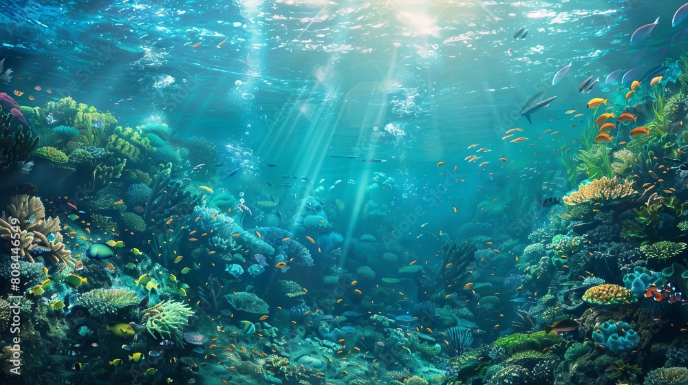 Design a photorealistic digital artwork featuring a skewed angle view of a serene underwater world teeming with marine life Emphasize the importance of environmental conservation through intricate det