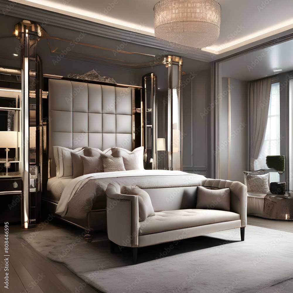 A glamorous bedroom with a four-poster bed, mirrored furniture, and a plush area rug4