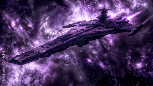 Purple sci fi spaceship traveling through the cosmos, futuristic exploration vessel, interstellar void