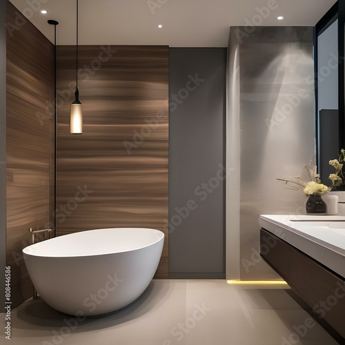 A minimalist bathroom with a freestanding tub  glass shower  and natural stone accents4