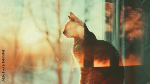 Creative image of double exposure A cat looking out the window.Generative AI photo