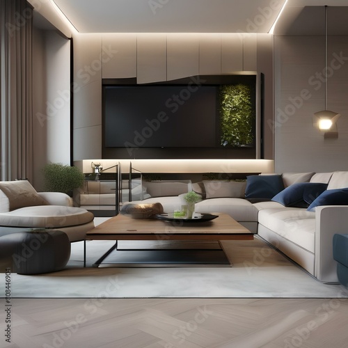 A contemporary living room with a sectional sofa, coffee table, and wall-mounted TV5 photo