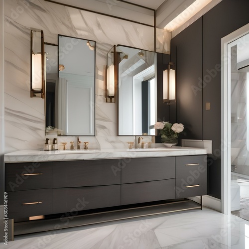 A luxurious bathroom with a double vanity  freestanding tub  and marble tile5