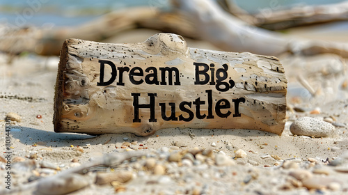 Motivational Beach Scene: Driftwood with Dream Big Hustler Message