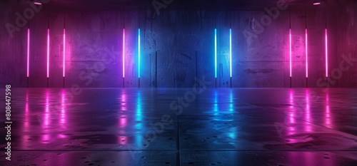 Abstract neon background with glowing blue and purple lines on dark concrete floor in an empty room  with a shiny floor reflection  like a virtual show stage.
