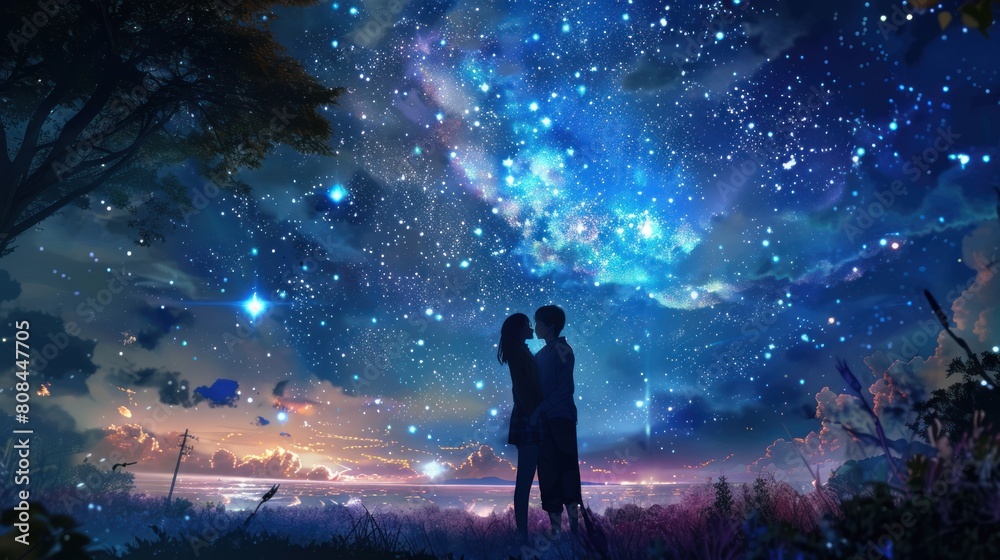 A couple is standing in a field of grass under a starry sky