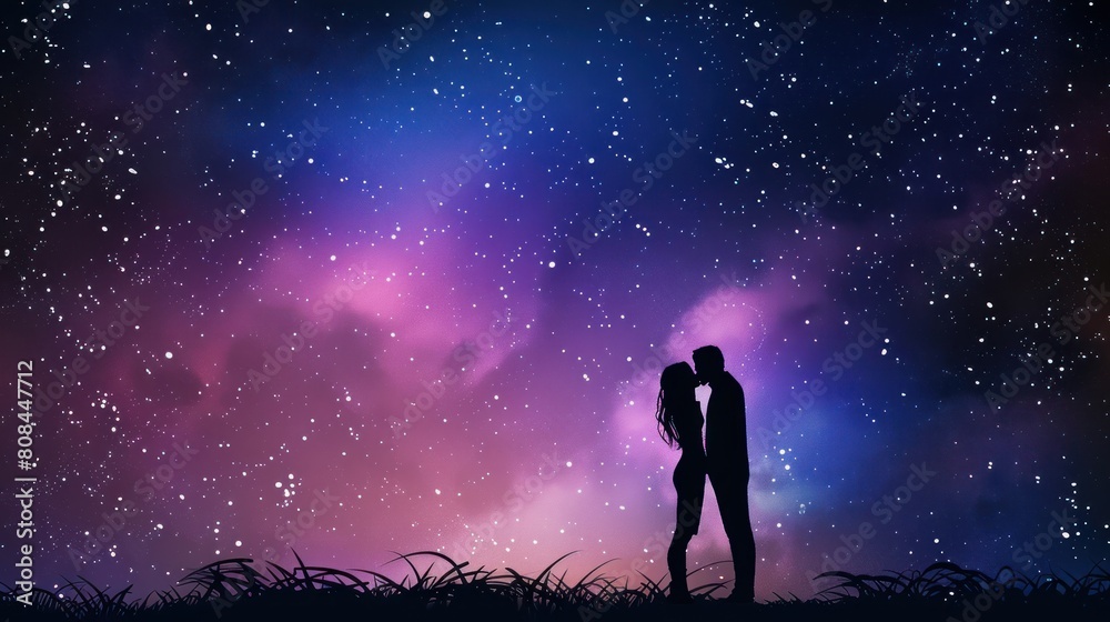 A couple is kissing in the sky, surrounded by stars