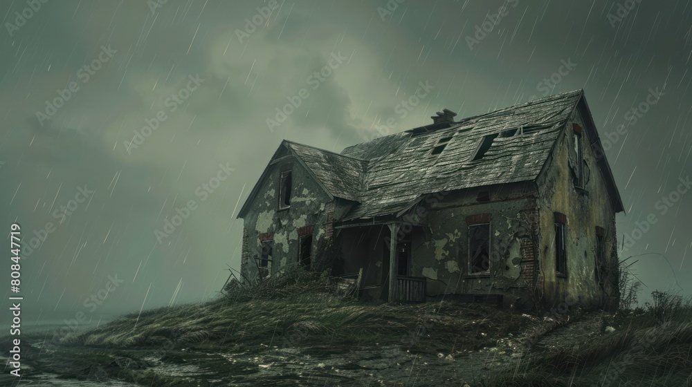 A house with a lot of damage and a stormy sky A house with a lot of damage and a stormy sky