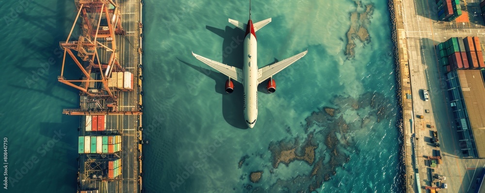 Aerial view of a cargo plane flying over a container ship in port for global business and harmony. Aerial view of a cargo plane flying over a container ship in port for global business and harmony.