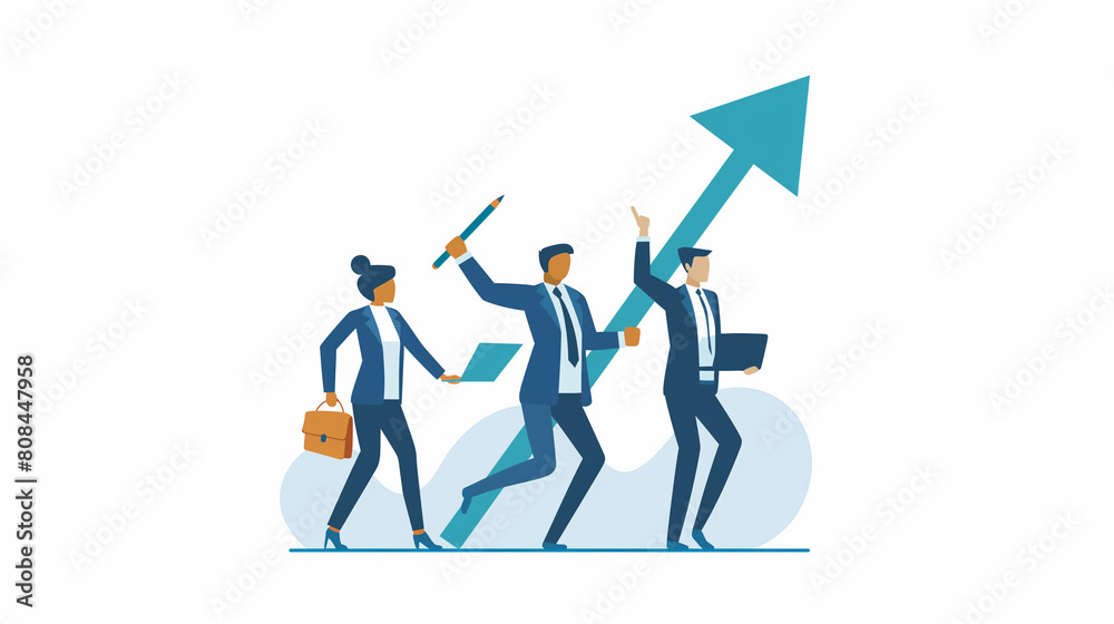A group of people are running up a hill with arrows pointing to the right. Concept of progress and determination as people strive to reach their goal A group of people are running up a hill with arrows pointing to the right. Concept of progress and determination as people strive to reach their goal