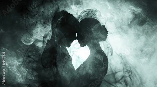 A couple is kissing in the middle of a cloud of smoke