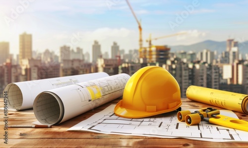 Architectural blueprints, yellow helmet and construction equipment on wooden table with city skyline in background