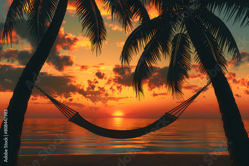 Charming Tropical Beach Sunset with Swinging Hammock and Silhouetted Palm Trees © Mabelle