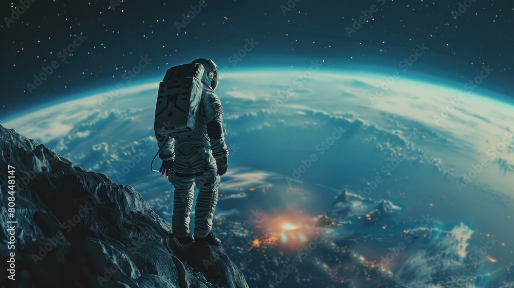 A man in a spacesuit stands on a rocky surface looking out at the vastness of sp