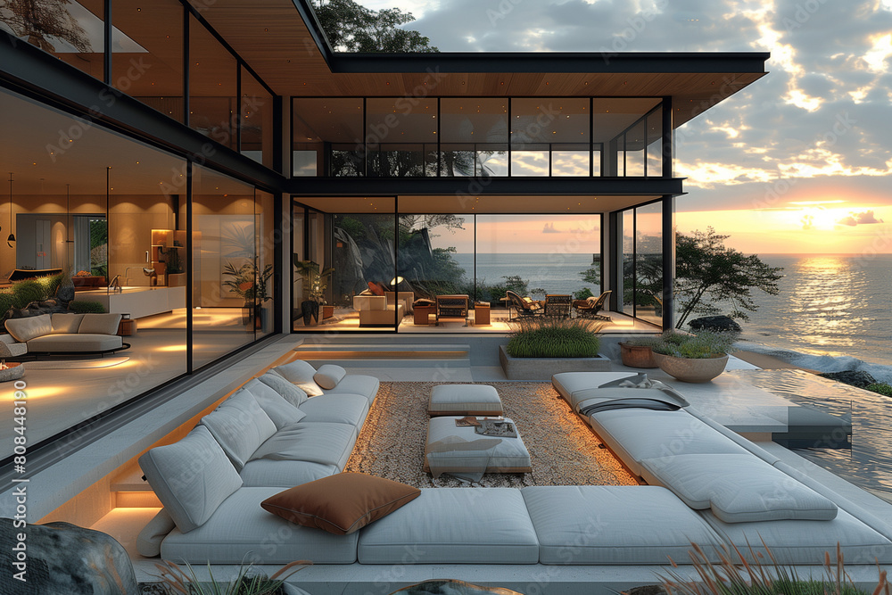 Fototapeta premium Modern Minimalist Coastal Living Room with Expansive Glass Walls, Earthy Tones, and Sustainable Design Highlighted by Setting Sun
