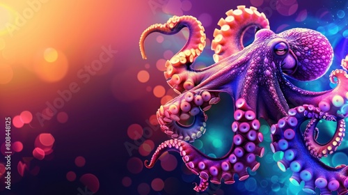 octopus doodle with neon light decoration background colorfull gradients.Generative AI