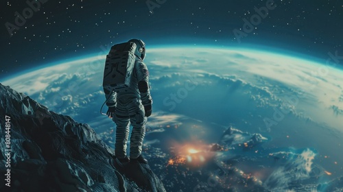 A man in a spacesuit stands on a rocky surface looking out at the vastness of sp