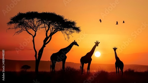 A silhouette of giraffes in the African savannah  with a stunning sunset in the background  Ai Generated