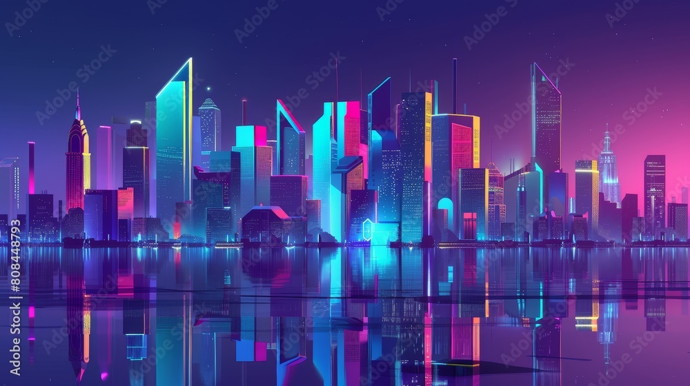 A skyline with a neon colored city at night, showing a cityscape with a vibrant reflection in a river, Ai Generated