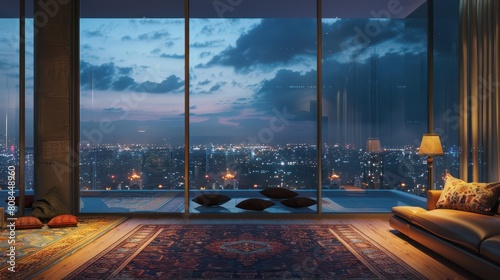 The interior of the apartment from the top floor is a luxuriously carpeted room, with nighttime city views from large expansive glass windows. photo