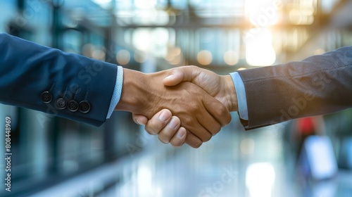 Businessmen handshake over blurred office building background, Concept of success business deal and teamwork.