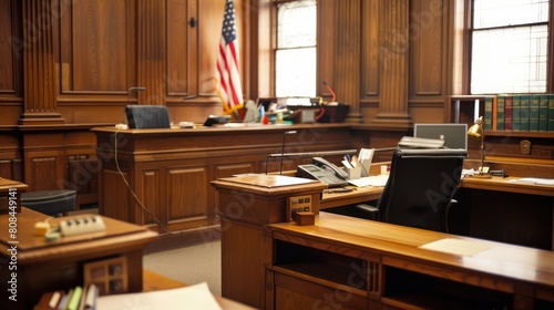 Court hearing room with classic wooden table