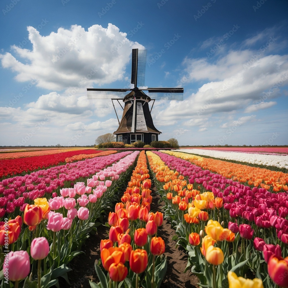 A vibrant and expansive tulip field