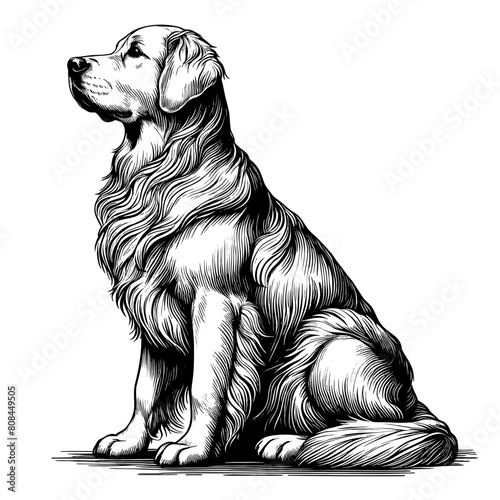 Cute Golden Retriever dog in full-body, hand drawn sketch. Vector isolated on white background	