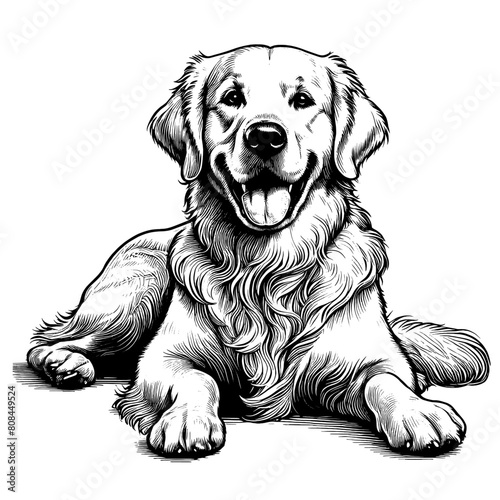 Cute Golden Retriever dog in full-body, hand drawn sketch. Vector isolated on white background	