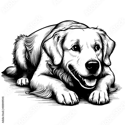 Cute Golden Retriever dog in full-body, hand drawn sketch. Vector isolated on white background	