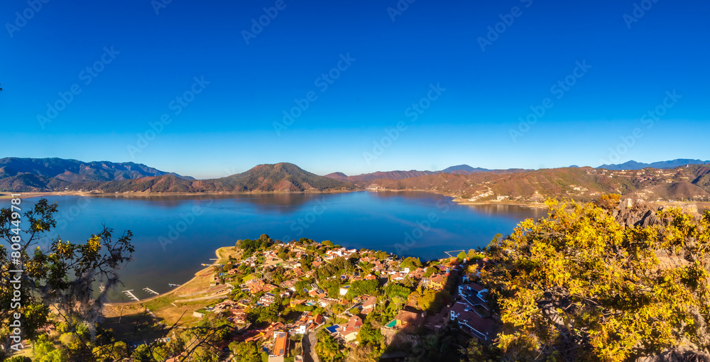 Panoramic of Lake in the morning seen from the rock in Valle de Bravo state of Mexico