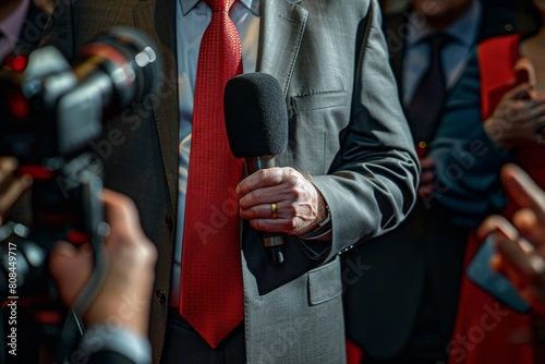 Closeup of hands in suit and red tie talking to microphones  being interviewed by cameras at press conference for politician s public speech.