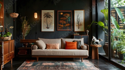 Warm Japanese-style living room with a plush mid-century sofa by a vintage wooden cabinet, with framed artwork on the dark accent wall.