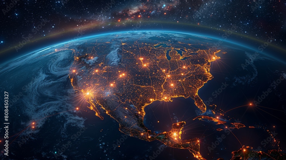Digital map of North America showing global network connections, data transfer and connectivity between the USA, Canada and Mexico depicted in space over the earth at night. Digital map of North America showing global network connections, data transfer and connectivity between the USA, Canada and Mexico depicted in space over the earth at night.