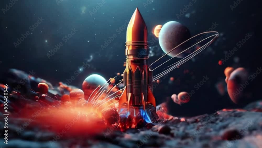 Flying rocket with planets in space nebule Start Up Flying rocket with planets in space nebule Start Up