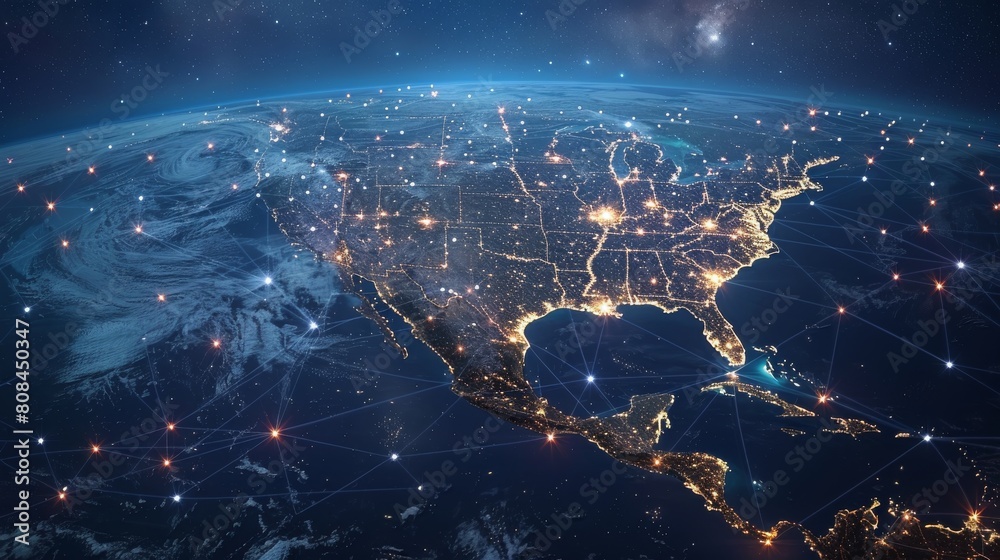 Fototapeta premium Digital map of North America showing global network connections, data transfer and connectivity between the USA, Canada and Mexico depicted in space over the earth at night.