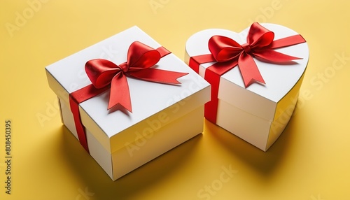 Heartfelt Surprise: Two Elegant White Gift Boxes with Vibrant Red Bows