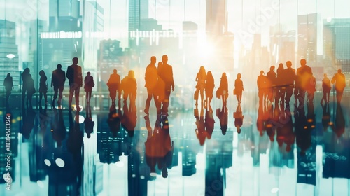 Double exposure of business people walking in the office and cityscape background, abstract blurred modern skyscraper buildings with double glass windows and silhouettes of people standing around it