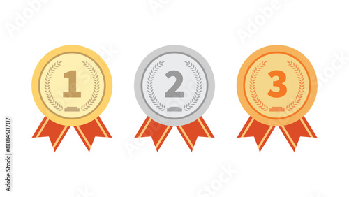 Three medals with red ribbons