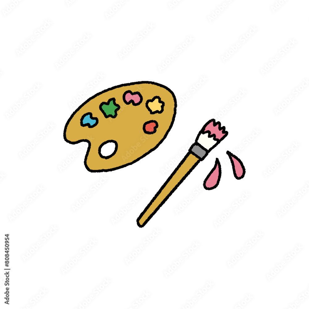 絵の具、パレット、筆のシンプルな手書きイラスト 絵の具、パレット、筆のシンプルな手書きイラスト