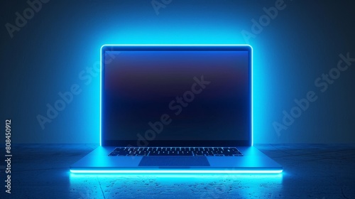 Laptop mockup on podium in dark futuristic neon background, blue light high resolution photography, high detail, hyper realistic photography.