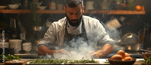 A chef cooking with fresh, locally sourced ingredients in a kitchen with energyefficient appliances photo