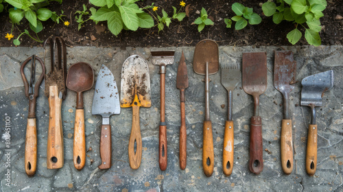 Assorted old gardening tools neatly displayed on a cobblestone background, indicating readiness for gardening.